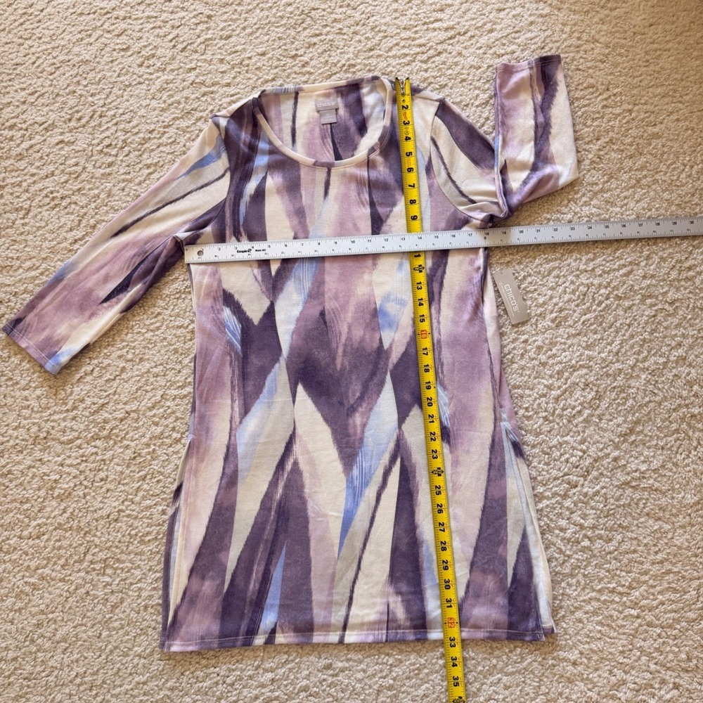 NWT Chico's Women's Abstract Print Tunic Top Purple Blue 3/4 Sleeve Size 0 - Picture 11 of 15